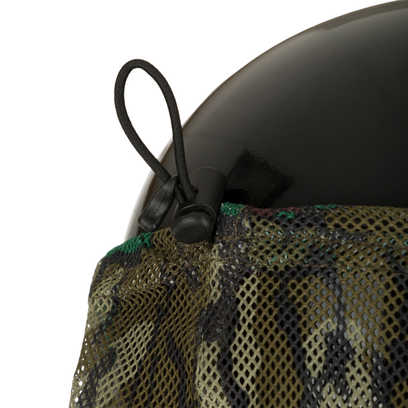Performance Mesh Half Mask with camouflage mesh net and bungee adjustment for secure fit, enhancing breathability and comfort for hunting and outdoor activities.