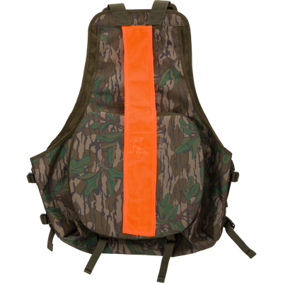 Youth Time and Motion Turkey Vest featuring camouflage design with orange stripe, quick-draw pouches, and neoprene shoulder straps for comfort and safety during hunting.
