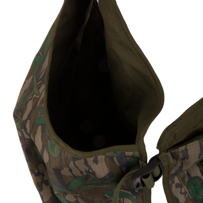 Youth Time and Motion Turkey Vest: Camouflage design with zipper, black buckle, and neoprene straps; includes quick-draw slate call pouch and removable padded seat cushion for hunting.