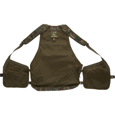 Youth Time and Motion Turkey Vest with neoprene shoulder straps, quick-draw slate call pouch, and removable padded seat cushion for comfortable hunting.