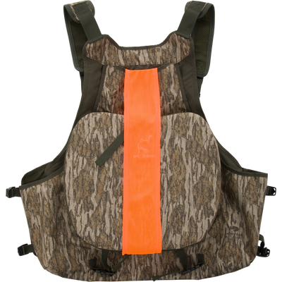 Turkey Strap Vest with camo pattern, padded straps, safety stripe, quick-draw slate call pouch, mesh pockets, and removable seat cushion, designed for efficient turkey hunting.