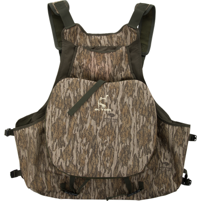Turkey Strap Vest with Mossy Oak Bottomland camouflage, featuring padded shoulders, multiple gear pockets, and adjustable straps for optimal turkey hunting functionality.