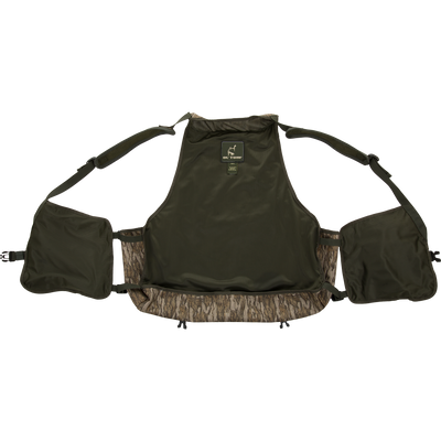 Turkey Strap Vest with Mossy Oak camo, padded shoulder straps, utility pockets, quick-draw slate call pouch, and adjustable side straps for efficient turkey hunting.