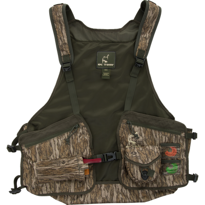 Turkey Strap Vest with camo pattern, multi-pocket design, adjustable straps, mesh back, quick-draw slate call pouch, and blaze orange safety flag for optimized hunting efficiency.
