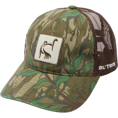 Women's Mesh Back Camo Ponytail Cap with logo, featuring mesh back, adjustable snapback closure, and ponytail opening for comfort and style.
