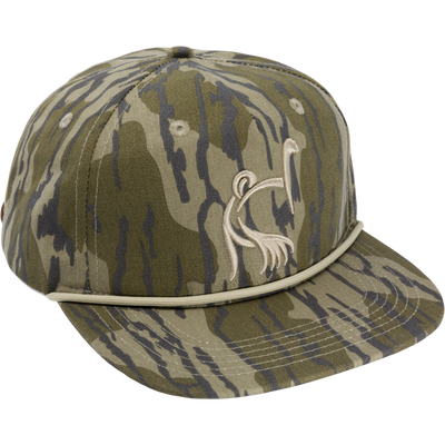 Ol' Tom X Lost Hat Goat Rope Cap featuring durable fabric and rugged accents, ideal for outdoor enthusiasts, showcasing a bird design on the front.