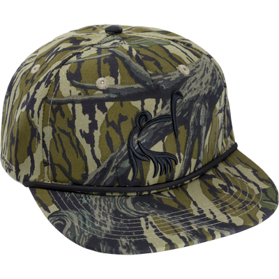 Ol' Tom X Lost Hat Goat Rope Cap featuring camouflage design, mid crown, durable 60% polyester, 40% cotton, with 550 paracord and leather rear adjustment.