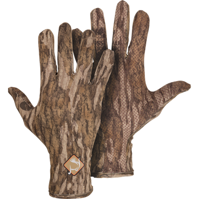 Performance Turkey Gloves featuring a logo, crafted from stretch knit material with silicone grip palms for enhanced dexterity, ideal for outdoor activities.