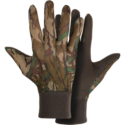 Performance Mesh Turkey Gloves with camouflage pattern, featuring breathable mesh back, rubberized gripper dot palms, and comfortable knit cuffs, ideal for turkey hunting.