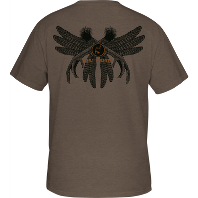Ol' Tom Spur and Feather T-Shirt featuring a back graphic of stylized crossed talons with feathers and Ol’ Tom logo, ideal for hunting enthusiasts.