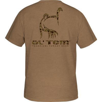 Classic Ol' Tom Logo T-Shirt featuring a woodland camo turkey design and Technical Turkey Gear tagline on the back, made from a soft cotton-polyester blend.