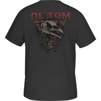 Ol' Tom Gobbler Skull T-Shirt with turkey skull, feathers, and shotgun shells graphic on the back; Ol' Tom logo on front pocket.