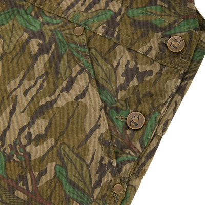 Close-up of the Throwback 80 Field Bib showing camouflage fabric, antique brass buttons, and riveted pockets, emphasizing durability and vintage style for rugged tasks.