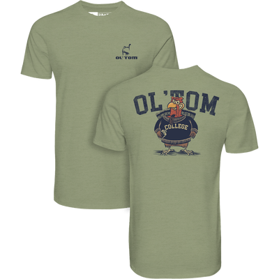 Ol Tom College T-Shirt featuring front logo and back cartoon tom turkey, combines comfort with durability, ideal for outdoor enthusiasts.