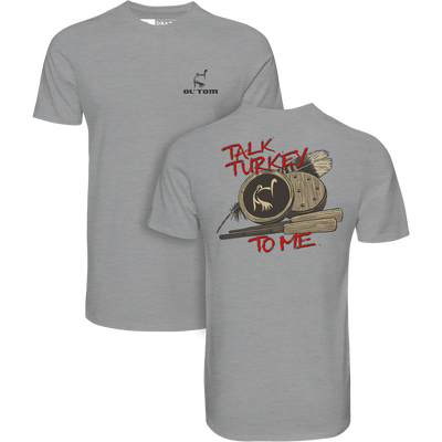 Ol Tom Talk Turkey T-Shirt featuring a turkey-call illustration and TALK TURKEY TO ME slogan, perfect for turkey enthusiasts seeking comfort and style.