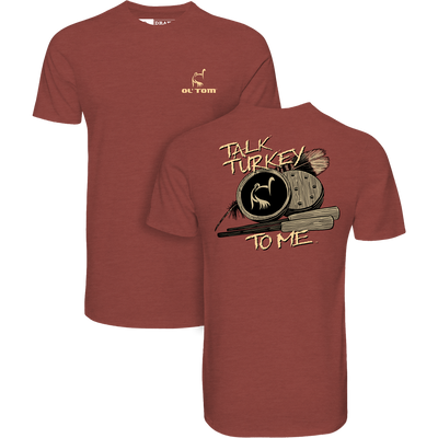 Ol Tom Talk Turkey T-Shirt featuring a small front logo and a back graphic with a turkey-call and slogan, ideal for turkey enthusiasts.