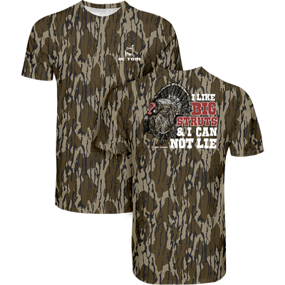 Ol Tom Big Struts T-Shirt featuring camo pattern, small chest logo, and large turkey illustration with slogan on back, ideal for hunting and outdoor adventures.