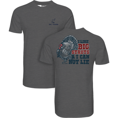 Ol Tom Big Struts T-Shirt featuring a small front logo and a large back illustration of a wild turkey with slogan, ideal for outdoor enthusiasts.
