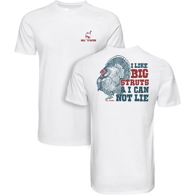 Ol Tom Big Struts T-Shirt featuring a red chest logo and a large turkey illustration with slogan on the back, crafted for comfort and durability.