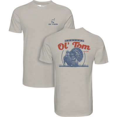Ol Tom Full Strut T-Shirt featuring a small front logo and large vintage-style turkey illustration on the back, crafted for comfort with a cotton-polyester blend.