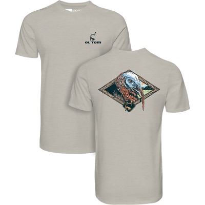 Ol Tom Head Shot T-Shirt, featuring turkey graphics, combines breathable 60% cotton/40% polyester for comfort, ideal for hunting seasons with front and back detailed illustrations.