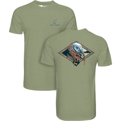 Ol Tom Head Shot T-Shirt featuring a small logo on the chest and a large rustic turkey graphic, perfect for turkey hunting with its lightweight 60/40 cotton-polyester blend.