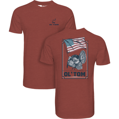 Ol' Tom Americana T-Shirt: Front and back views featuring turkey graphics, designed for comfort in turkey hunting with a lightweight cotton-polyester blend.