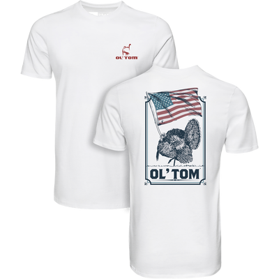 Ol' Tom Americana T-Shirt featuring a small front logo and large back turkey graphic, designed for comfort with a lightweight cotton-polyester blend, ideal for turkey hunters.
