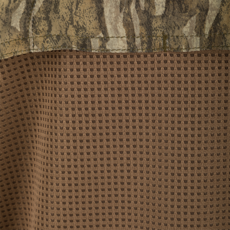A close-up of the Ol' Tom Men's Mesh Back Flyweight Turkey Shirt, showcasing its lightweight fabric and mesh back panel for breathability and comfort.