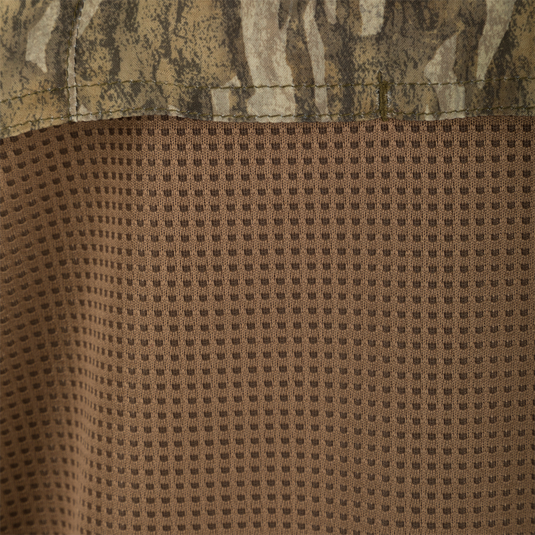 A close-up of the Ol' Tom Men's Mesh Back Flyweight Turkey Shirt, showcasing its lightweight fabric and mesh back panel for breathability and comfort.