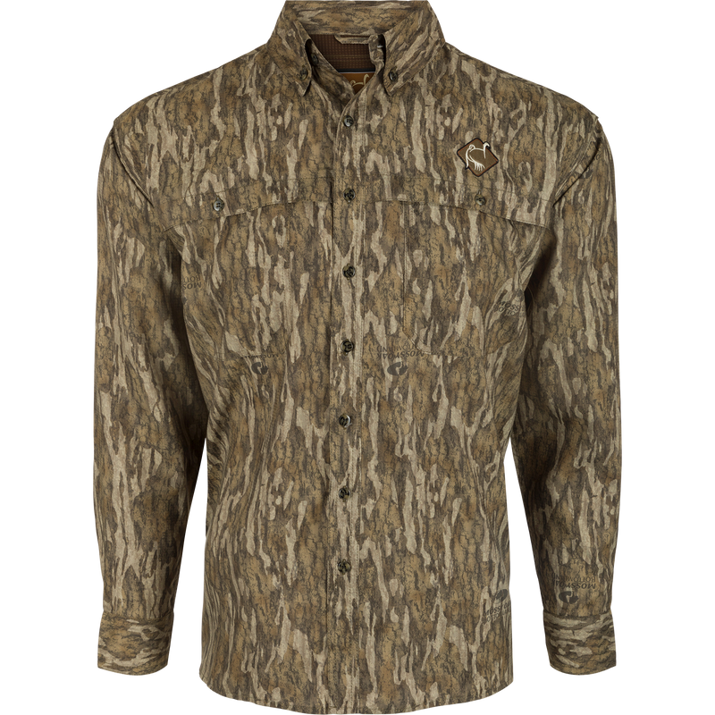 A technical button-down hunting shirt for men with a camouflage pattern, mesh back panel, and two large chest pockets. Lightweight and breathable, perfect for turkey hunting.