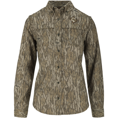 A technical Ol’ Tom Women's Mesh Back Flyweight Shirt 2.0 with reduced spine pad for hunting comfort. Lightweight, breathable, and quick-drying polyester construction. Ideal for big game and waterfowl hunting.