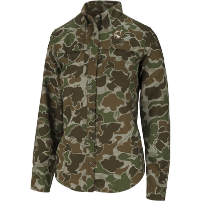 Women's Mesh Back Flyweight Shirt 2.0: A camouflage jacket with a logo on it, featuring a duck logo on camouflage fabric.