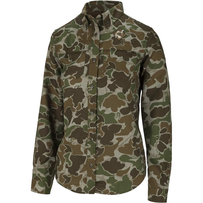 Women's Mesh Back Flyweight Shirt 2.0: A camouflage jacket with a logo on it, featuring a duck logo on camouflage fabric.