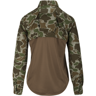 A technical version of a classic button-down hunting shirt for women. Features a mesh back panel, removable spine pad, and UPF 50+ sun protection. Lightweight and breathable. Perfect for hunting and outdoor activities.