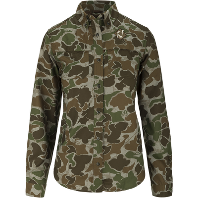 Women's Mesh Back Flyweight Shirt 2.0: Camouflage jacket with logo and duck. Lightweight, breathable, and quick-drying. Button-down collar, mesh back panel, and UPF 50+ sun protection. Ideal for hunting and outdoor activities.