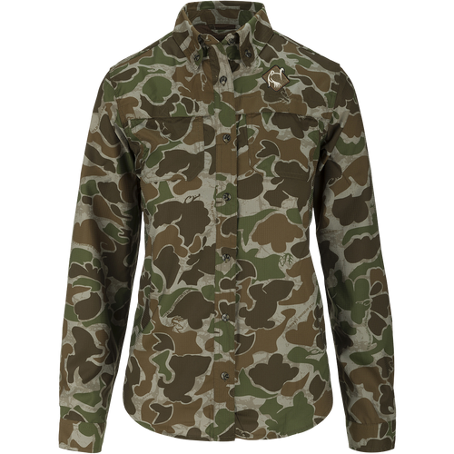Women's Mesh Back Flyweight Shirt 2.0: Camouflage jacket with logo and duck. Lightweight, breathable, and quick-drying. Button-down collar, mesh back panel, and UPF 50+ sun protection. Ideal for hunting and outdoor activities.