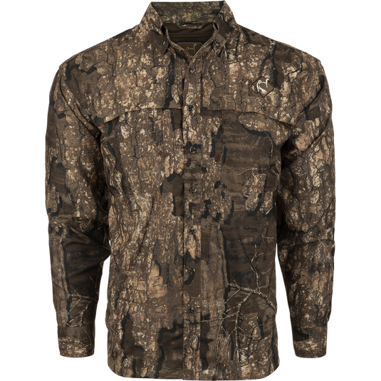 A youth mesh back flyweight shirt with a camouflage pattern, featuring a spine pad for increased comfort while hunting. Lightweight and breathable, made with 100% polyester.