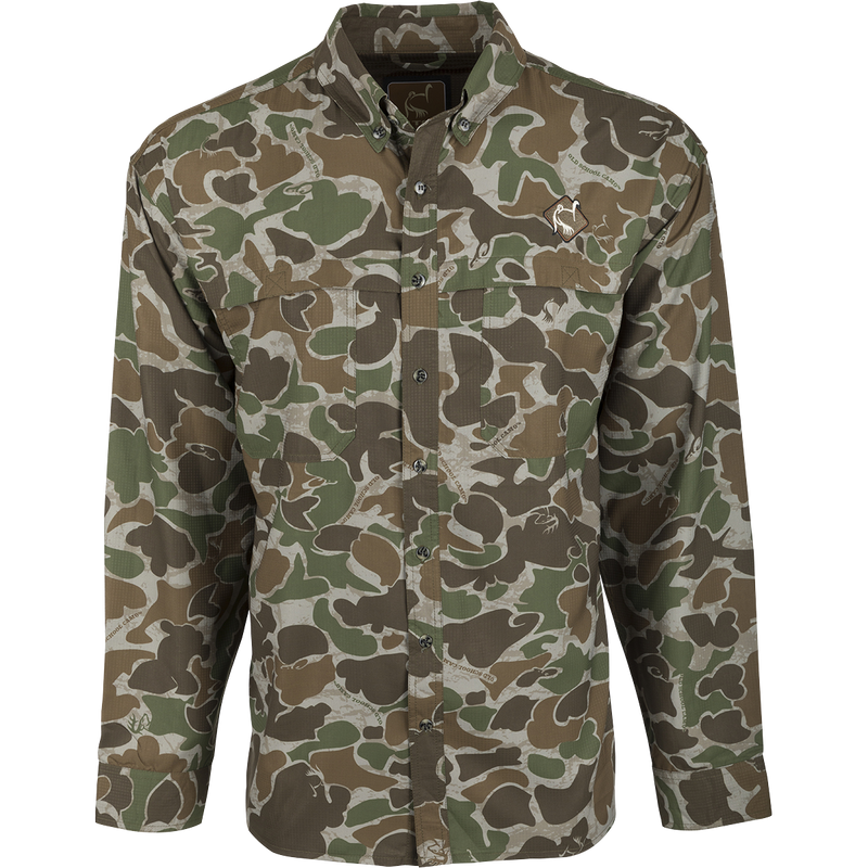 A youth mesh back flyweight shirt with a camouflage pattern, featuring a logo on the fabric. Lightweight and breathable for hunting.