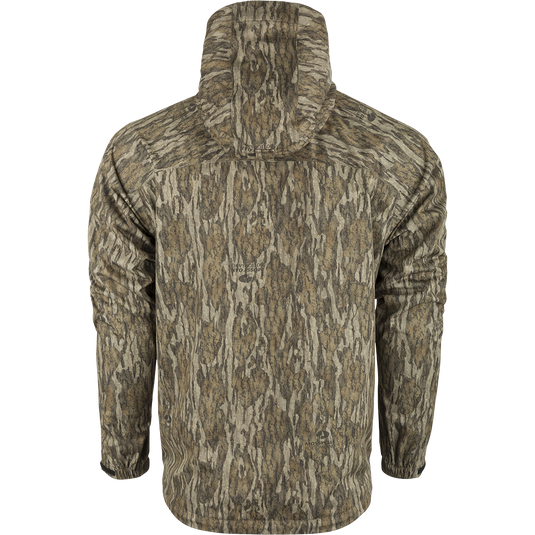 Ultralight Packable Rain Jacket with hood, logo, and camouflage design. Waterproof, windproof, and breathable. Perfect for spring showers during turkey season. Fits easily in your vest.