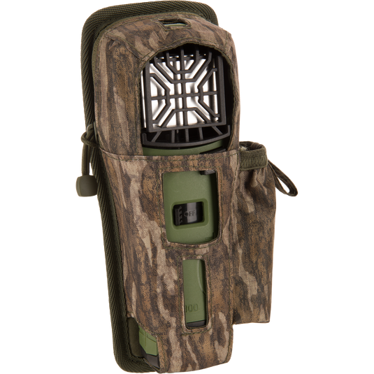 Thermacell Pouch 2.0 with Molle Attachment holding a portable mosquito-repellent device, featuring a protective grille and OFF switch, ideal for outdoor activities.