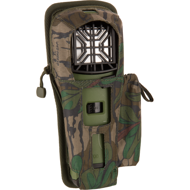 Thermacell Pouch 2.0 with Molle Attachment, featuring a handheld mosquito repeller with visible heat element and ON/OFF slider, stored in a camouflage-patterned carry case.