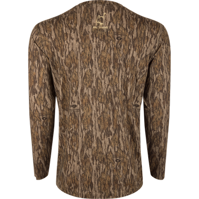 Performance Camo Long Sleeve Crew featuring a tree pattern, designed for outdoor activities with moisture-wicking, quick-drying fabric and UPF 50 sun protection.