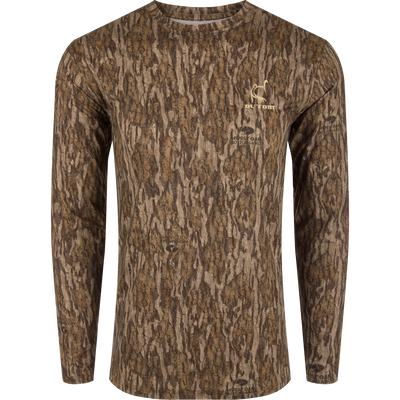Performance Camo Long Sleeve Crew featuring a tree pattern, long sleeves, and bird logo, designed for outdoor comfort with cooling, stretch, and sun protection.