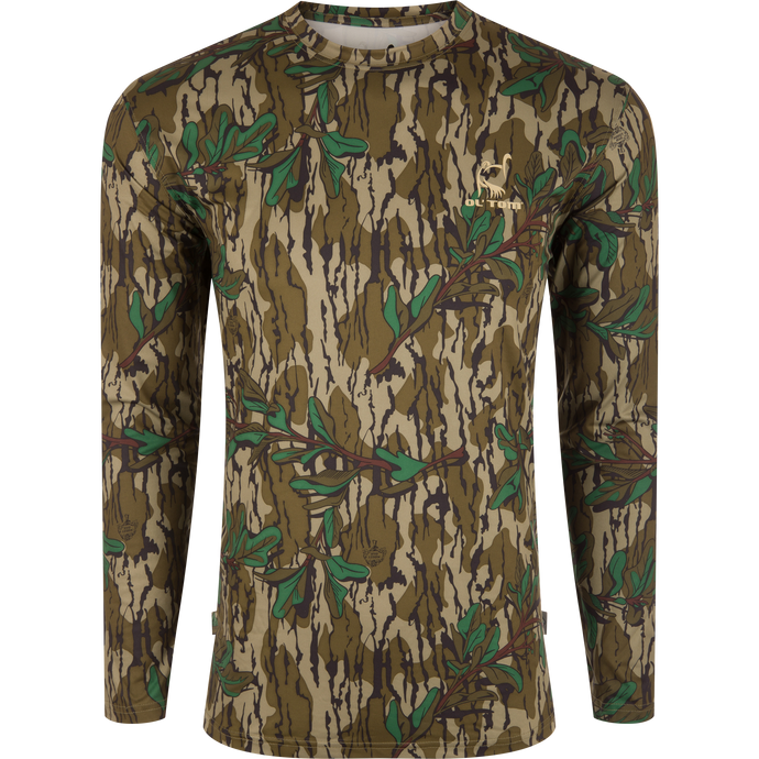 Performance Camo Long Sleeve Crew featuring a camouflage pattern, long sleeves, and lightweight fabric ideal for outdoor activities, with cooling and sun protection features.
