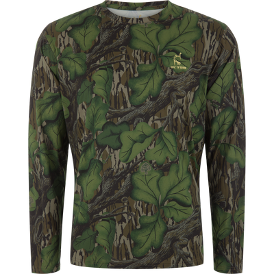 RTL - Performance Camo Long Sleeve Crew with woodland pattern, featuring Ol’ Tom logo, ideal for hunting with natural cooling, UPF 50, and moisture-wicking properties.