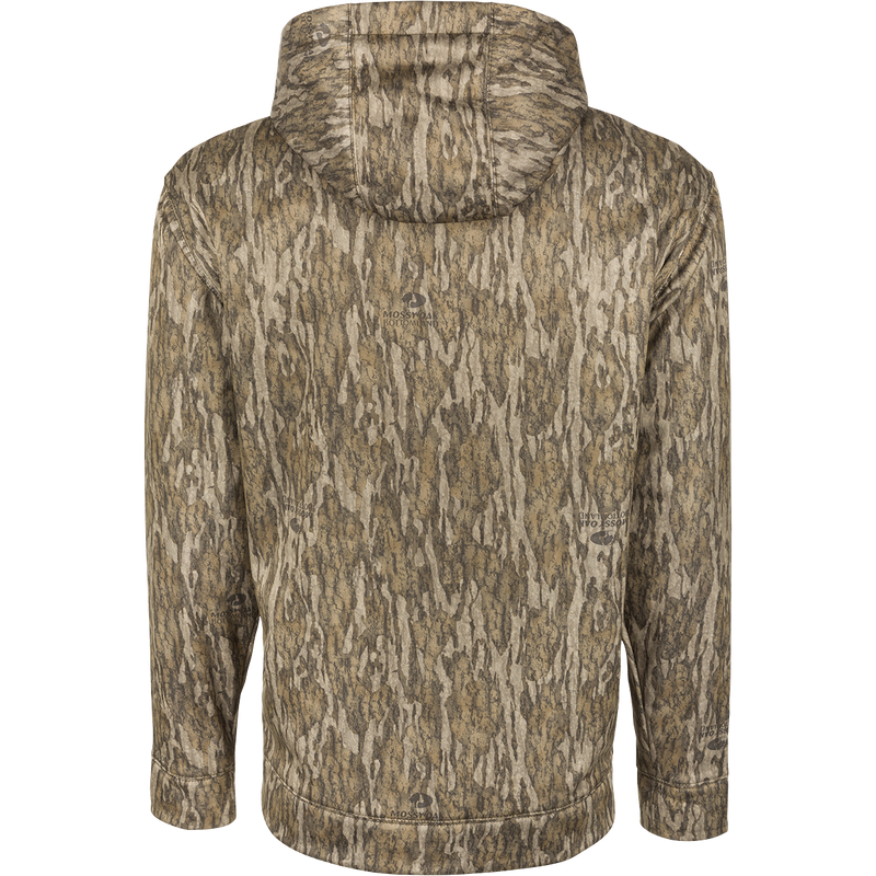 Ol' Tom Camo Performance Hoodie: A jacket with a tree pattern, double-lined hood, and kangaroo pouch. Soft, combed fleece interior for comfort and heat retention.