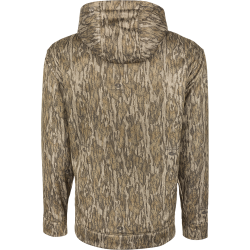 Ol' Tom Camo Performance Hoodie: A jacket with a tree pattern, double-lined hood, and kangaroo pouch. Soft, combed fleece interior for comfort and heat retention.