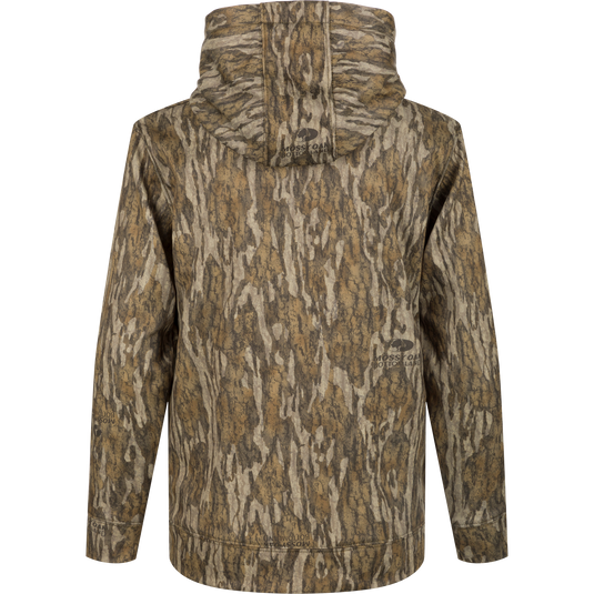Ol' Tom Youth Camo Performance Hoodie: A jacket with a hood, perfect for everyday use and outdoor activities. Made of 100% polyester shell with a soft, combed fleece interior for comfort and heat retention. Features a double-lined hood for wind protection and extra warmth. Includes a kangaroo pouch for storage. No drawstring on the hood for youth sizes.