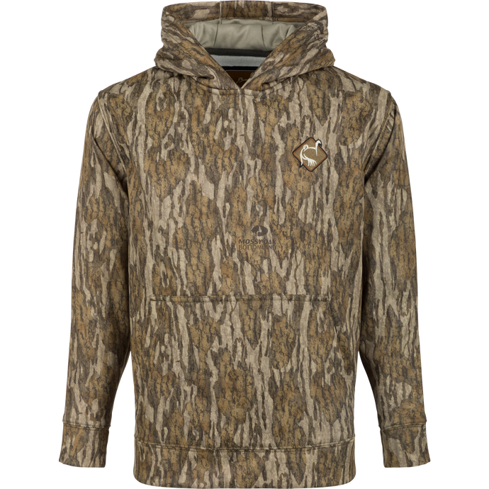 Ol' Tom Youth Camo Performance Hoodie: A camouflage hoodie with a logo, double-lined hood for wind protection, and a kangaroo pouch for added warmth.